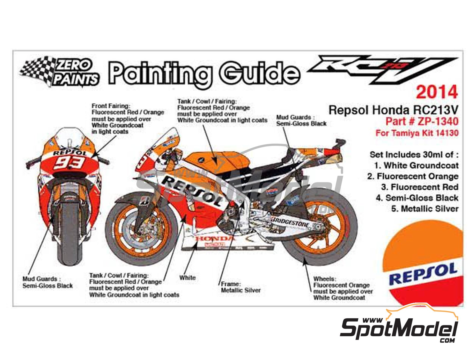 Zero Paints ZP-1340: Paints set for airbrush Honda RC213V 2014 5 x